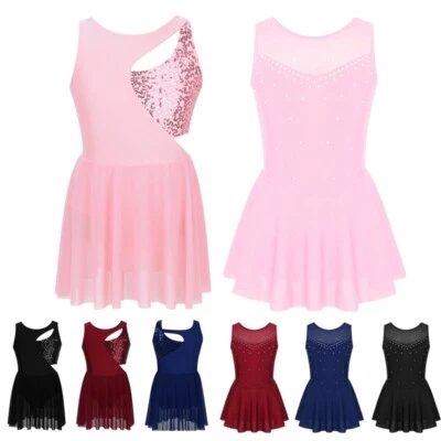 Girls Sequins Ballet Tutus Lyrical Dance Dress Asymmetrical Figure Skating Dress - Image 1 of 2
