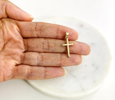14K Real Yellow Gold Cross Pendant - 1."  Petite Polished Crucifix Charm- C3623 - Image 1 of 4