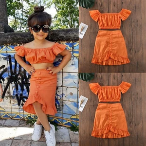 Toddler Girl Summer Outfits Halter Neck Floral Orange Tops Dress Clothes Set USA - Picture 1 of 9