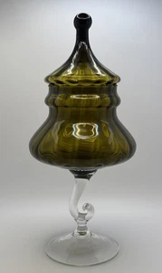 Vintage Empoli Italian Mid-Century Modern Green Glass Hook Pedestal Accent Jar - Picture 1 of 15