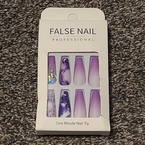 Press On Nails Faux Square Tip Purple Long Sparkle Abstract 24 Pc Set - Picture 1 of 6