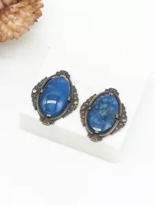 Vintage große blaue Lapis ovale Marcasit Rand Sterlingsilber Ohrringe - Bild 1 von 7