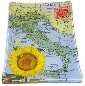 SUNFLOWER GLASS TRAY w/ Map of Italy Small Decorative Dish 6”x 4” Plate