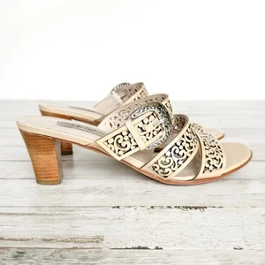 BRIGHTON Tinsel Leather Strappy High Heel Open Toe Beige Sandals Womens Size 7.5 - Picture 1 of 16