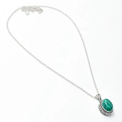 Colgante de piedras preciosas de malaquita verde - Collar joyería de plata de ley 925 Foto 1 de 4