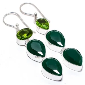 Emerald(Simulated), Peridot Gemstone 925 Silver Plated Jewelry Earring 2.3" - Picture 1 of 1
