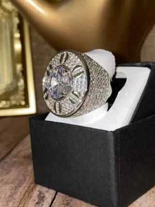 5Ct Round Cut Real Moissanite Cluster Men's Ring 14K White Gold Plated Silver - Picture 1 of 5