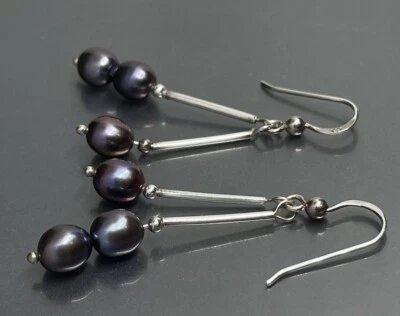 "Pendientes colgantes largos perforados de plata de ley 925 de colección con perlas grises púrpura de 1,9""" Foto 1 de 4