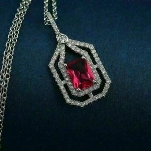 2.50Ct Emerald Cut Red Ruby Double Halo Pendant Free Chain 14K White Gold Finish - Picture 1 of 4