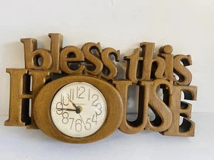 Vintage Wall Clock “Bless This House” By Burwood 1980’s Brown WORKS - Picture 1 of 8