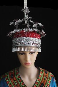 Traditional Chinese tribal handmade embroidery miao silver birds headdress hat 