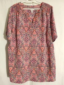 Croft Barrow - rosa blau hellbraun Paisley Kurzarm V-Ausschnitt Top Bluse - 2X - Bild 1 von 5