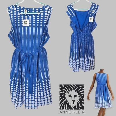Vestido Anne Klein Azul Estampado Corbata Cintura Sin Mangas Escote Redondo Mujer 24W Foto 1 de 4