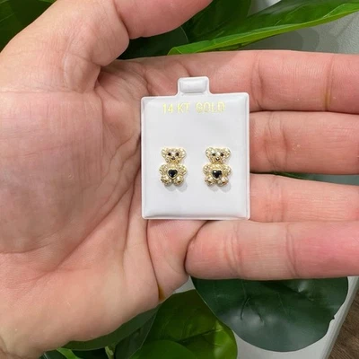 1203- NUEVOS Pendientes de piedra de oso de peluche de oro de 14K circonita cúbica completa azul marino (9,8 mm) W.G Foto 1 de 4