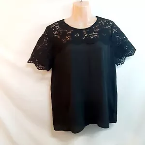 Pleione Top Blouse Shirt Women Size LP Black Lace Round Neck Chiffon Pullover - Picture 1 of 12