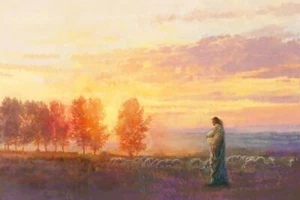 Yongsung Kim EVENTIDE Canvas Print Jesus Hugging Lamb & Watching Sheep at Sunset - Picture 1 of 1