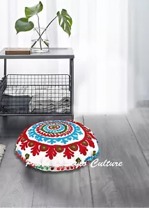 18 in Suzani Floor Cushion Round White Embroidered Floor Pillow Cushion Cover - Picture 1 of 7