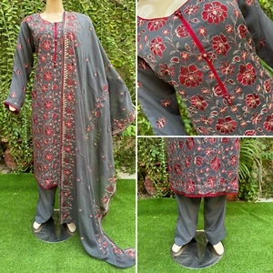 Pakistani Gray & Red  3Pcs  Chiffon Dress with thread embroidery ,XL - Picture 1 of 11