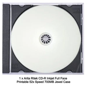 1 x Arita Ritek CD-R Full Inkjet Printable 52x Speed Disc 700MB Jewel Case - Afbeelding 1 van 9