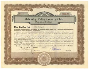 Mahoning Valley Country Club. Certificato proprietario. Pennsylvania. 1927 - Foto 1 di 1