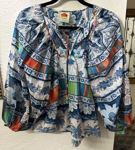 Farm Rio Peasant Bohemian Striped Floral Blouse Beaded Tassels Size Small - Picture 1 of 6