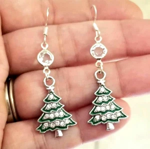 Sterling Silver Crystal Christmas Tree Earrings Christmas Tree Jewelry Holiday - Picture 1 of 4
