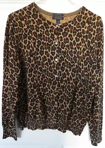 Cárdigan suéter Lands End para mujer talla L 14-16 estampado de leopardo 100 % algodón Supima - Imagen 1 de 8
