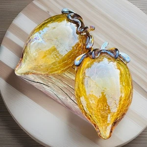 2 Amber Crackle Glass 5"x 3" Fall Pumpkin Acorn Squash Hand Blown Paperweights - Picture 1 of 13
