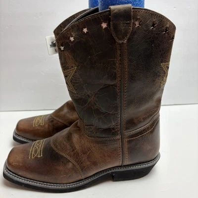 Smoky Mountain 牛仔西部靴棕色皮革银色星星女式 7.5 码 — 第 1/4 张图片