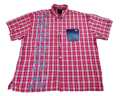 Bugle Boy Shirt Men 2X  XXL Red Plaid Denim Pocket Indie Short Sleeve Y2K Vtg? - Image 1 of 4