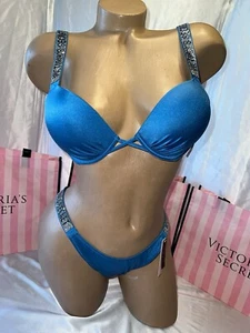 Victorias Secret Bombshell Swimsuit Shine Strap 34B Medium Bottoms Ocean Blue - Picture 1 of 3