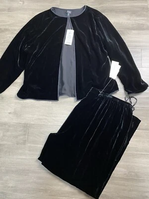 Eileen Fisher 撕裂天鹅绒丝绸混纺阔腿裤套装开放式开衫 1x — 第 1/4 张图片