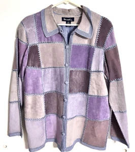 Denim & Co Women's Patchwork Suede Leather Crochet Jacket Purples Browns LARGE - Picture 1 of 14