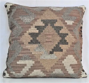Wool Kilim Throw Pillow Cover Geometric Gray Kelim Cushion Cover 24x24 - Picture 1 of 2