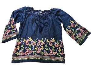 Sorrento Floral blue  Denim Blouse Embroidered Tunic Size Large  - Picture 1 of 8