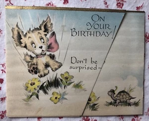 Vintage 1930s Birthday Greeting Card Cute Puppy Dog and Turtle - Picture 1 of 6