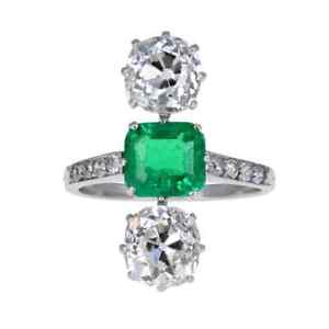 Antique Edwardian Colombian Emerald & Cubic Zirconia Three-Stone 925 Silver Ring