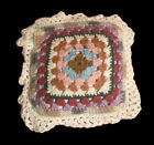 Hand Crocheted Granny Square White & Multicolored Baby Throw Pillow Vintage 10”
