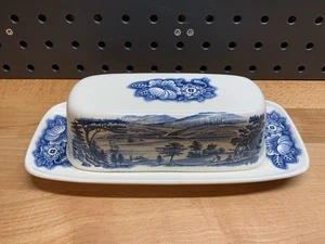Liberty Blue Staffordshire Butter Dish With Lid Lafayette Landing At West Point - Picture 1 of 11
