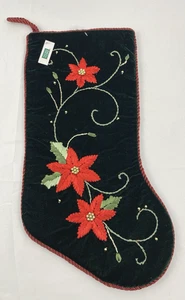 Holiday Home Velvet Green Christmas Stocking with Embroidered Poinsettias - Picture 1 of 3