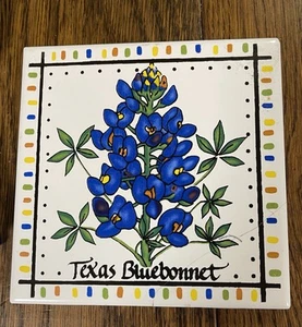 Vintage Kathryn Designs Texas Bluebonnets Ceramic Tile Trivet 6" 1999 Felt Back - Picture 1 of 3
