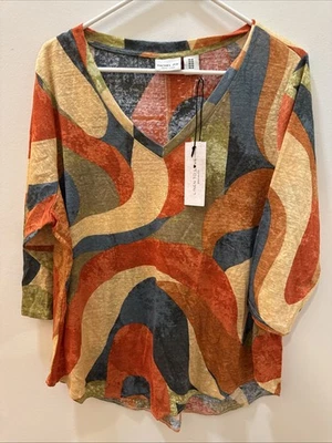 Top para mujer Rachel Zoe 100 % lino tejido SS colores otoño talla 1X manga 3/4 Foto 1 de 4