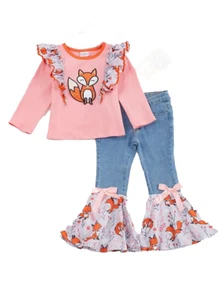New Boutique Girls 6 Long Sleeve Bows Ruffle Fox Shirt Bell Pants Set - Picture 1 of 2