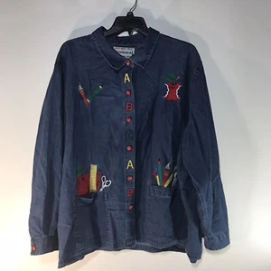 Vintage Tanzara Blue Denim Embroidery Apple Buttons Button Up Womens Size 4X - Picture 1 of 12