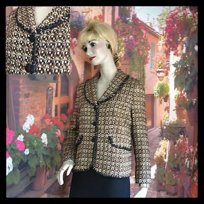 Doncaster Collection Blazer Size 8 Tweed Loose Weave Gold Tones Black Silk Trim - Image 1 of 4