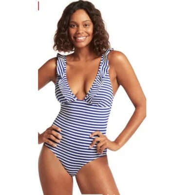 Sea Level Capri Frill One Piece Swim Suit Blue Stripes NWT Sz US 6 - Image 1 of 4