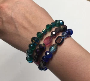 Costume Jewelry Sparkle Faux Crystal Teal & Purples Stretch Bracelets Set of 3  - Picture 1 of 8