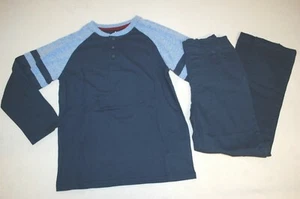 Boys Outfit 2 TONE BLUE L/S HENLEY T-SHIRT Navy Blue Woven Pants SIZE 5 - Picture 1 of 4