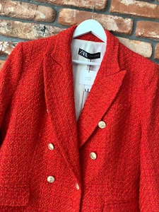 A107 ZARA ROYAL KATE RED BLAZER TEXTURED TWEED GOLD BUTTONS JACKET COAT - L - Bild 1 von 20