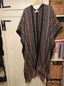Free People Black Fringe Open Front Kimono Kaftan Maxi Longline Cardigan O/S - Picture 1 of 11